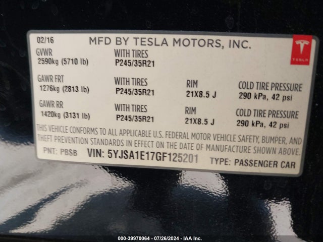 Tesla Model S 60/70/75/85 2016 5YJSA1E17GF125201 Image 9