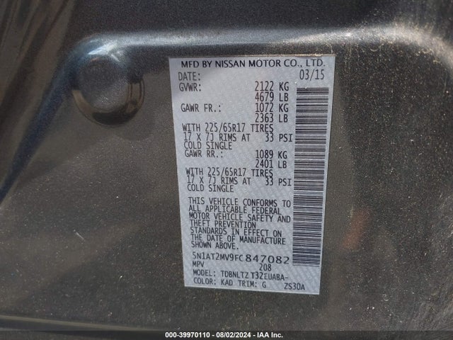 Nissan ROGUE SV 2015 5N1AT2MV9FC847082 Image 9