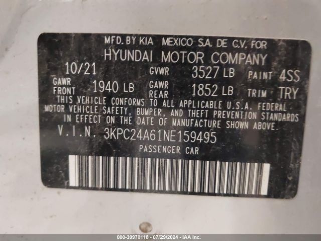 3KPC24A61NE159495 Hyundai ACCENT SE