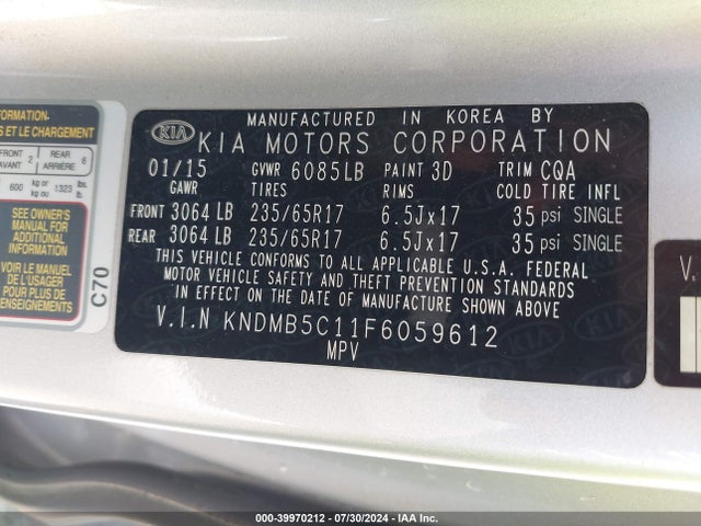 KIA SEDONA LX 2015 KNDMB5C11F6059612 Image 9