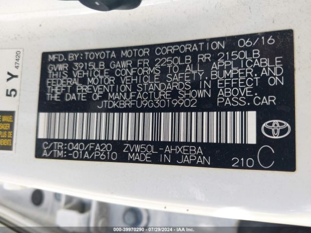 JTDKBRFU9G3019902 Toyota Prius Two