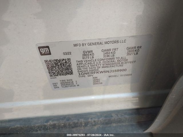 1GNERFKW5NJ159900 Chevrolet Traverse Fwd Ls