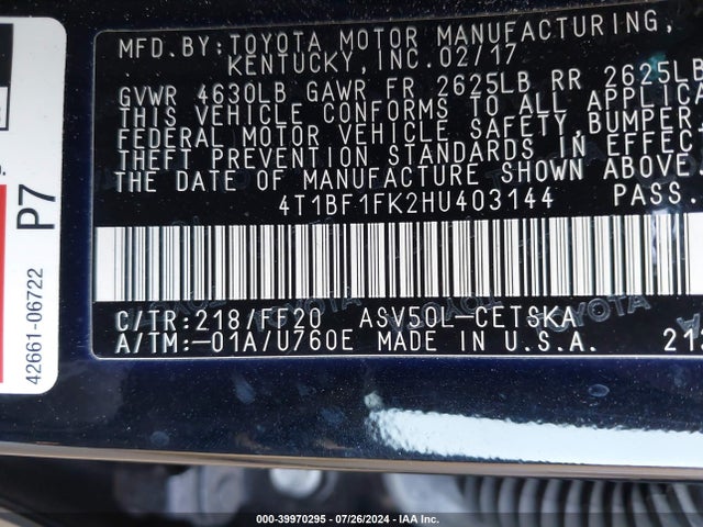Toyota CAMRY SE 2017 4T1BF1FK2HU403144 Image 9