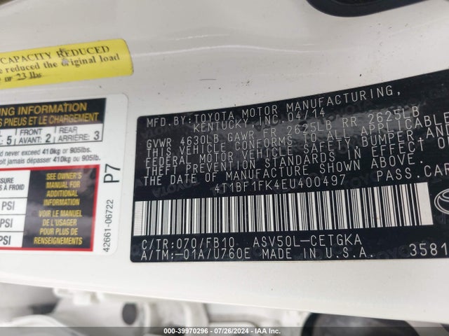 Toyota CAMRY XLE 2014 4T1BF1FK4EU400497 Image 9