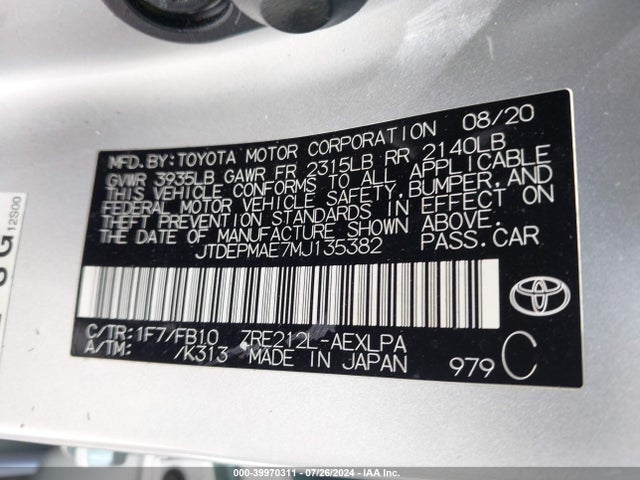 Toyota COROLLA LE 2021 JTDEPMAE7MJ135382 Image 9