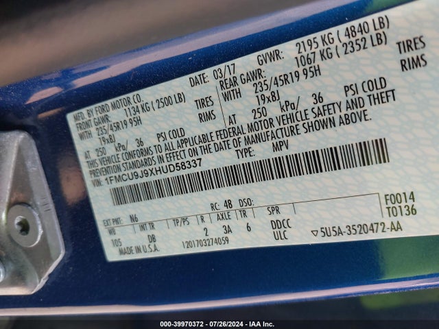 Ford Escape Titanium 2017 1FMCU9J9XHUD58337 Image 9
