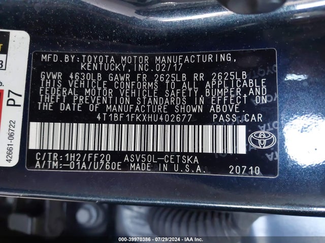 Toyota CAMRY SE 2017 4T1BF1FKXHU402677 Image 9
