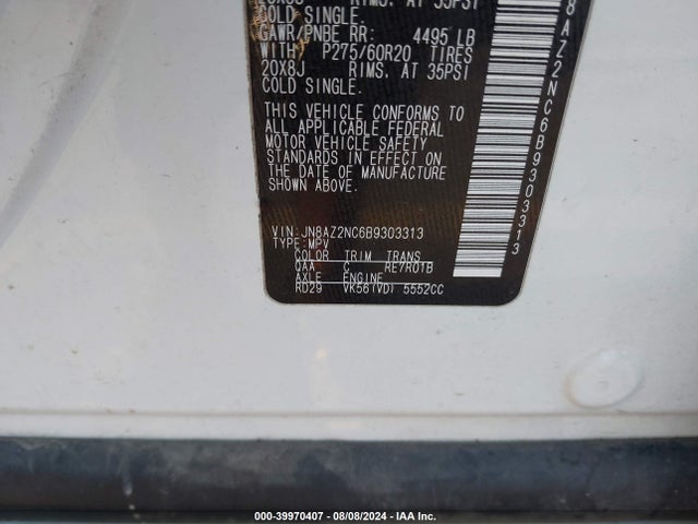 Aukcja sprzedaży 2011 Infiniti Qx56, vin: JN8AZ2NC6B9303313, numer aukcji: 39970407