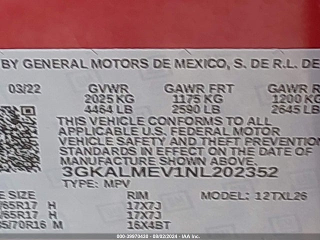 3GKALMEV1NL202352 GMC Terrain Fwd Sle