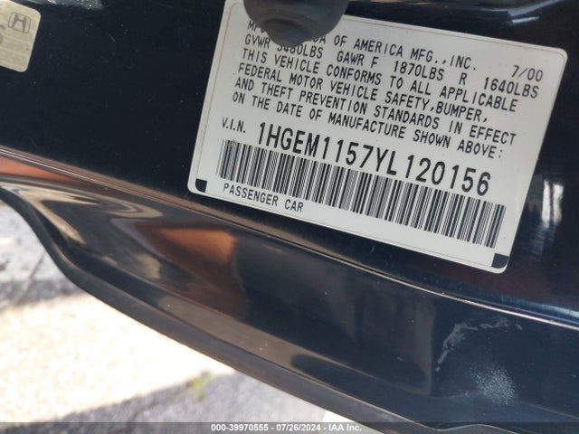 Aukcja sprzedaży 2000 Honda Civic Si, vin: 1HGEM1157YL120156, numer aukcji: 39970555
