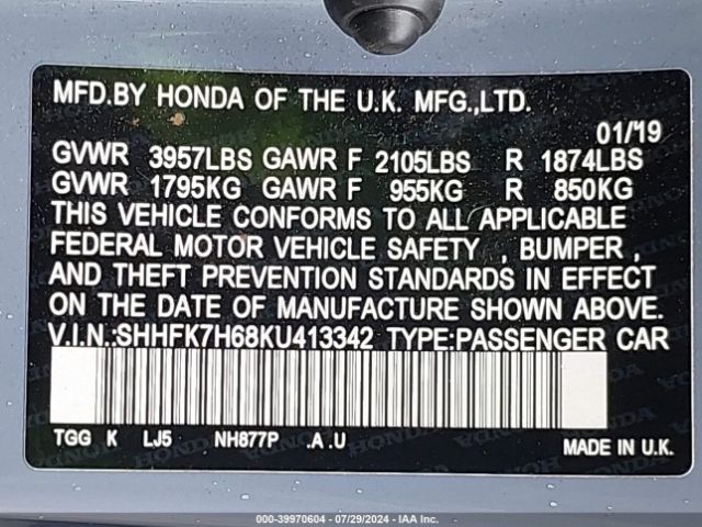 SHHFK7H68KU413342 Honda CIVIC EX