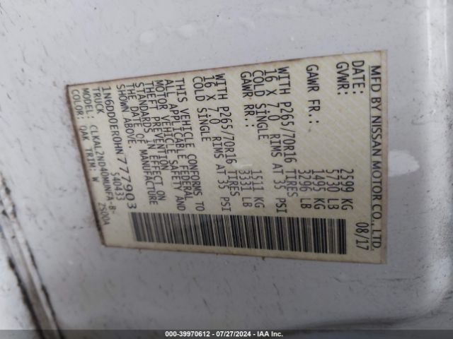 1N6DD0ER0HN777903 Nissan Frontier Sv