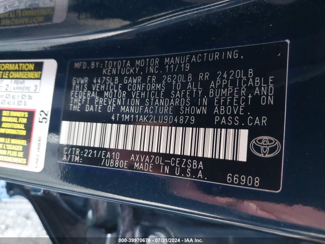 Toyota CAMRY SE 2020 4T1M11AK2LU904879 Image 9