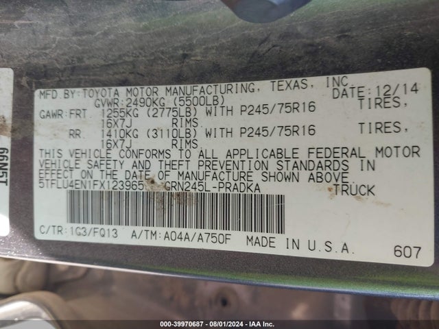 Toyota Tacoma Base V6 2015 5TFLU4EN1FX123965 Image 9