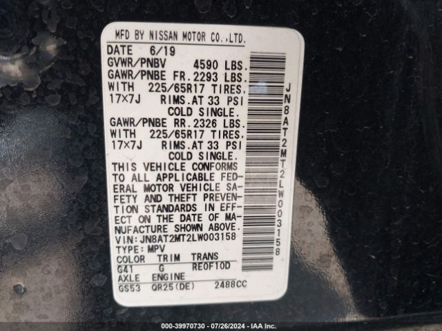 JN8AT2MT2LW003158 Nissan Rogue S Fwd