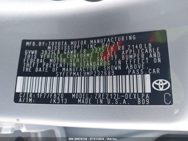 Toyota COROLLA LE 2021 5YFEPMAE9MP232689 Image 9