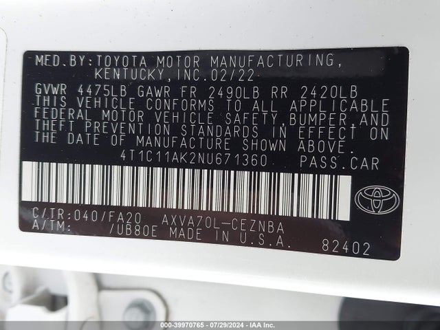 Toyota CAMRY LE 2022 4T1C11AK2NU671360 Image 9