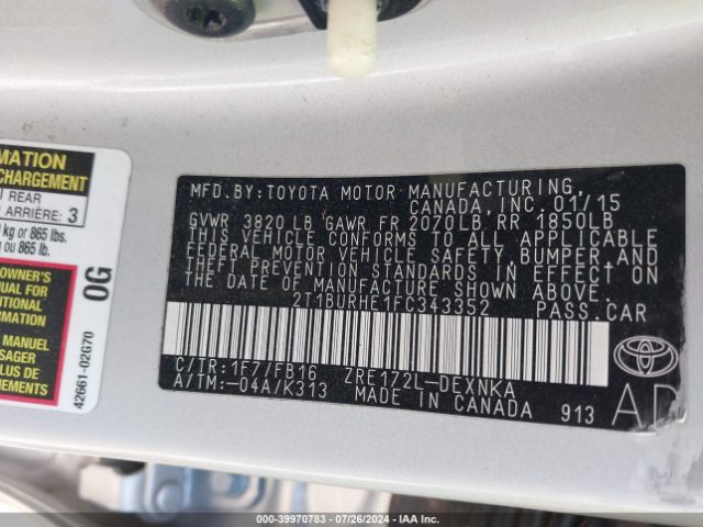 Toyota Corolla Le Plus 2015 2T1BURHE1FC343352 Image 9