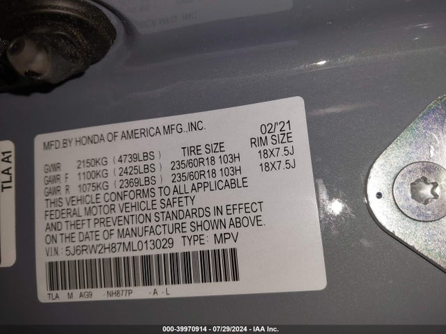 Honda Cr-v Awd Ex-l 2021 5J6RW2H87ML013029 Image 9