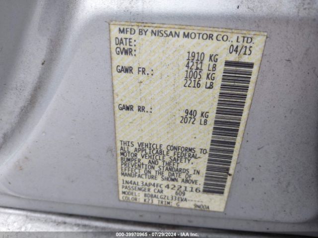 1N4AL3AP4FC422116 Nissan Altima 2.5/2.5 S/2.5 Sl/2.5 Sv