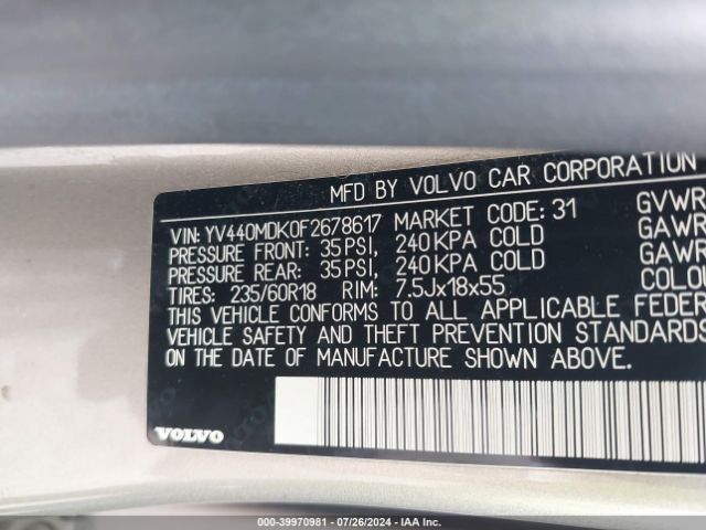 YV440MDK0F2678617 Volvo Xc60 T5 Premier