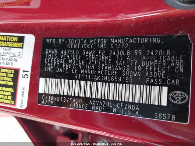 Toyota CAMRY LE 2022 4T1R11AK1NU659193 Image 9