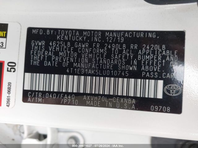 4T1E31AK5LU010745 Toyota Camry Le Hybrid