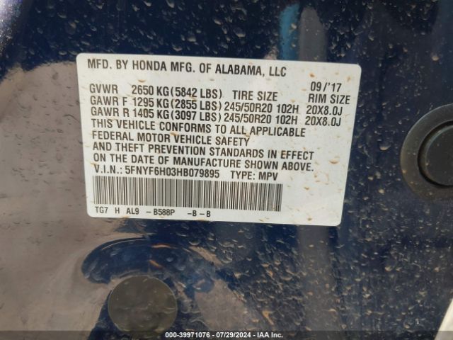 5FNYF6H03HB079895 Honda Pilot Elite