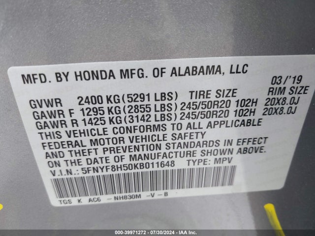 Honda Passport Ex-l 2019 5FNYF8H50KB011648 Image 9