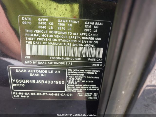 2011 SAAB 9-5 YS3GR4BJ5B4001960 Photo 8