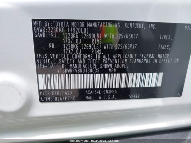 4T3RWRFV8RU138035 Toyota Rav4 Hybrid Xle