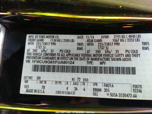 Ford ESCAPE SE 2015 1FMCU9G9XFUA80124 Image 9