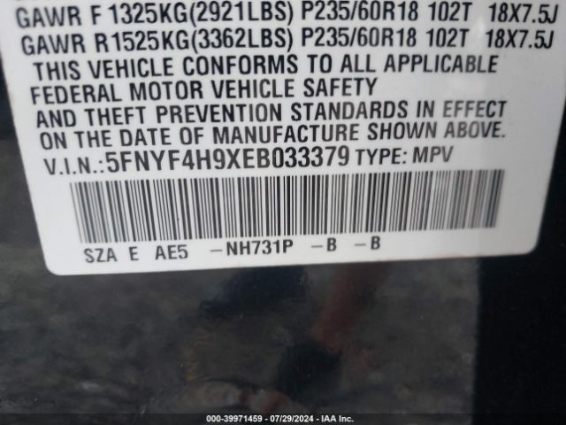 5FNYF4H9XEB033379 Honda Pilot Touring