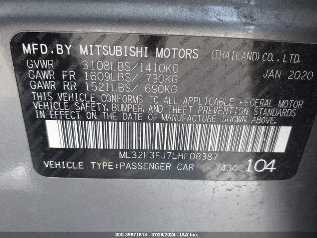 2020 MITSUBISHI MIRAGE G4 ML32F3FJ7LHF08387 Photo 8