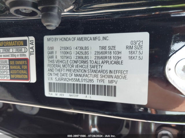 Honda Cr-v Awd Ex 2021 5J6RW2H55ML015285 Image 9