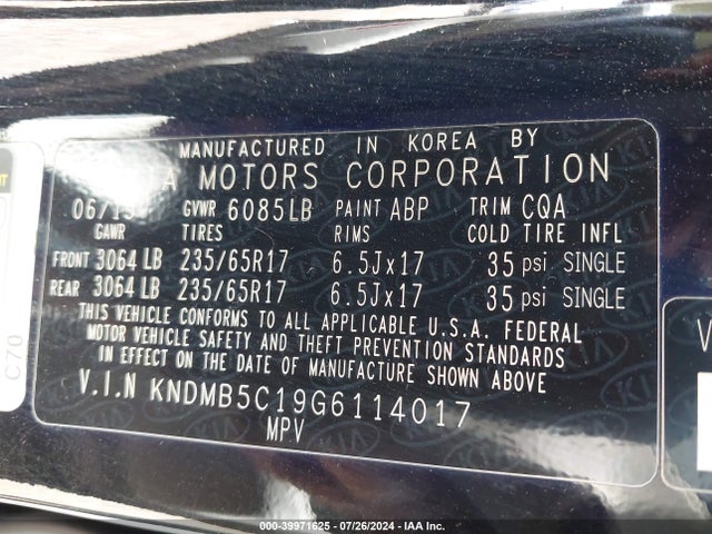 KIA SEDONA LX 2016 KNDMB5C19G6114017 Image 9