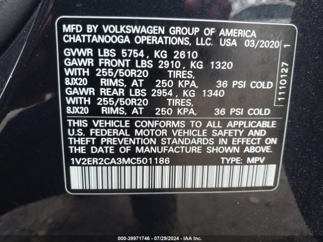 1V2ER2CA3MC501186 Volkswagen Atlas 3.6l V6 Sel