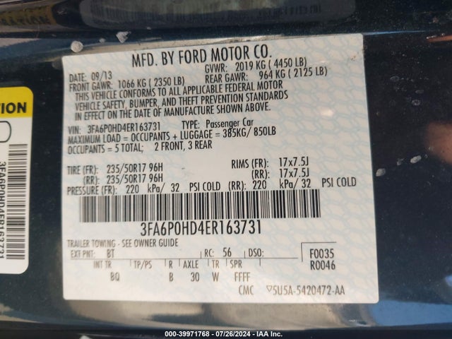 Ford FUSION SE 2014 3FA6P0HD4ER163731 Image 9
