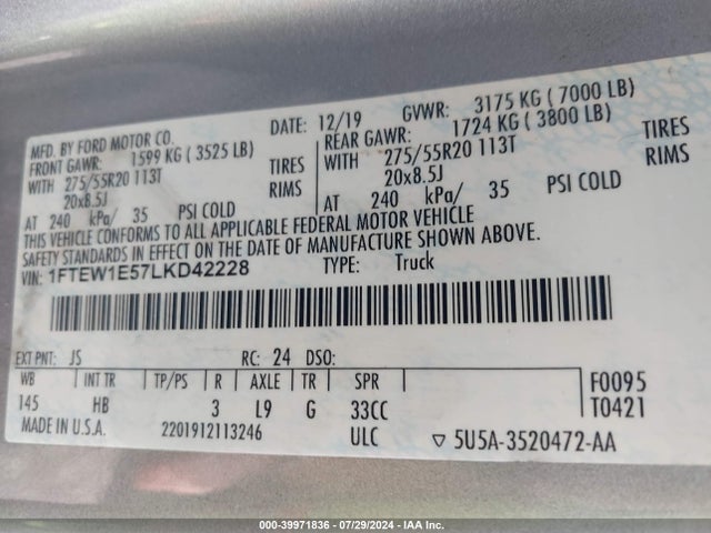 Ford F-150 Lariat 2020 1FTEW1E57LKD42228 Image 9