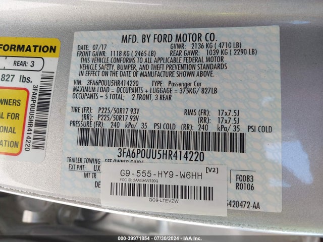 Ford Fusion Hybrid S 2017 3FA6P0UU5HR414220 Image 9