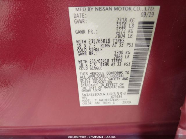 5N1AZ2BJ2LN103354 Nissan Murano Sv Fwd