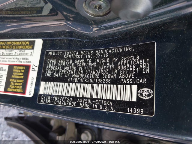 Toyota CAMRY SE 2016 4T1BF1FK5GU198286 Image 9