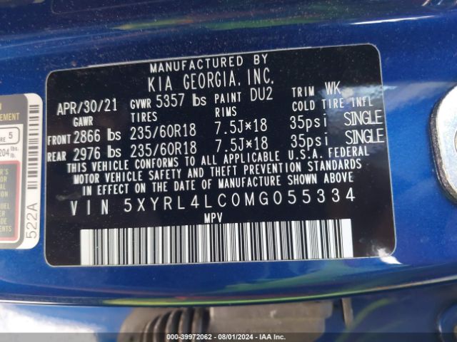5XYRL4LC0MG055334 KIA SORENTO S