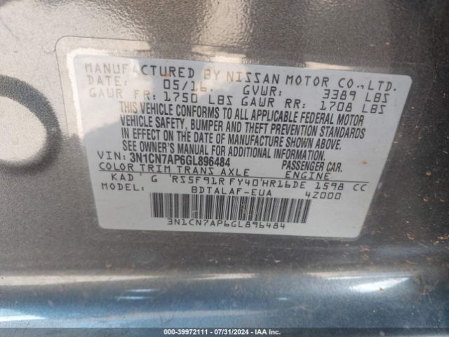3N1CN7AP6GL896484 Nissan Versa 1.6 S