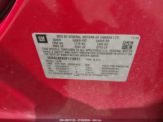 Chevrolet EQUINOX 1LT 2015 2GNALBEK3F1118811 Image 9