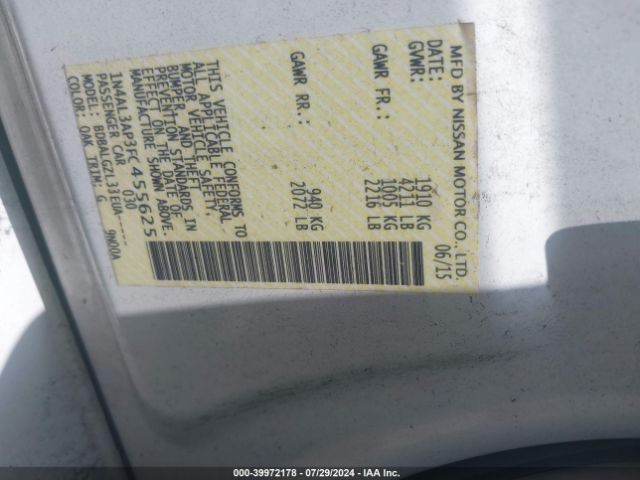 1N4AL3AP3FC455625 Nissan Altima 2.5/2.5 S/2.5 Sl/2.5 Sv