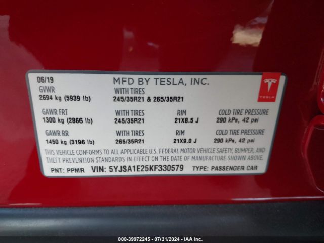 5YJSA1E25KF330579 Tesla Model S 100d/75d/long Range/standard Range