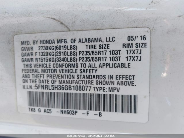 5FNRL5H36GB108077 Honda ODYSSEY SE