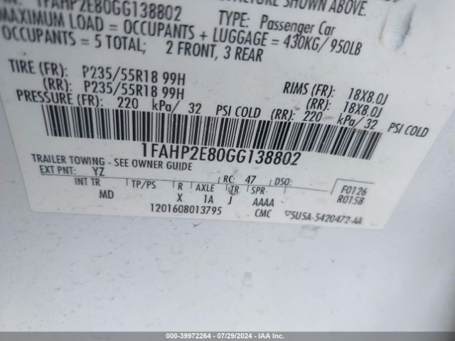 1FAHP2E80GG138802 Ford TAURUS SEL