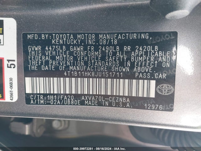 Aukcja sprzedaży 2018 Toyota Camry Le, vin: 4T1B11HK8JU151711, numer aukcji: 39972281